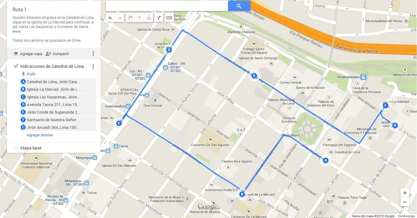 El primer recorrido empieza por la Catedral de Lima (clic aquí para ver y descargar el mapa)