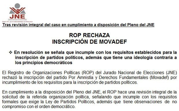 Nota de prensa del JNE confirma rechazo a inscripción del Movadef