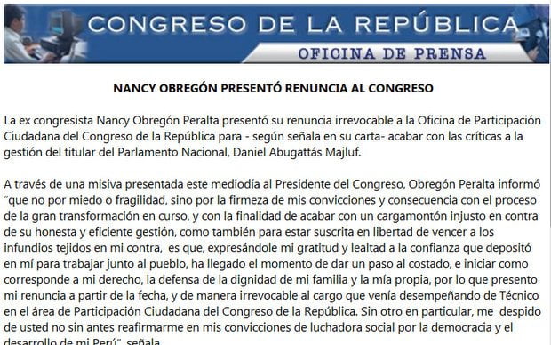 Comunicado de prensa del Congreso sobre Nancy Obregón