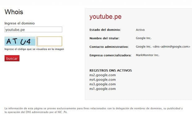 Ficha de compra de dominio Youtube.pe