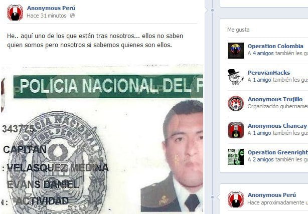 Captura de la cuenta Facebook de Anonymous