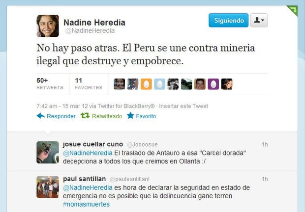 Nadine Heredia en Twitter