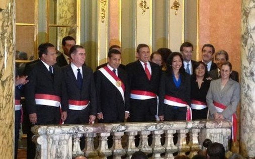 Ollanta Humala y tres nuevos ministros José Urquizo, Wilber Calle y Gladys Triveño