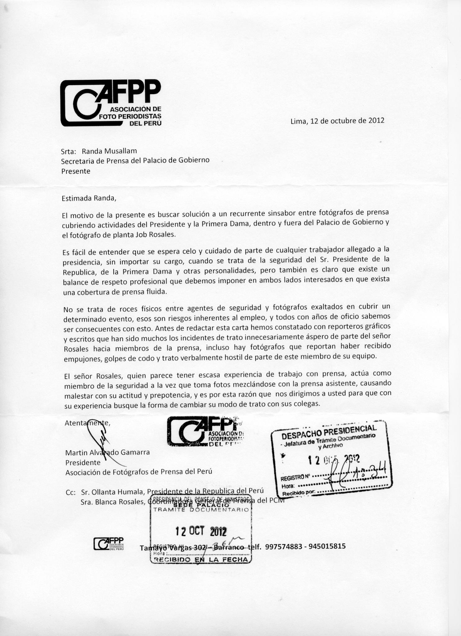 Carta de la Asociación de Foto-Periodistas del Perú