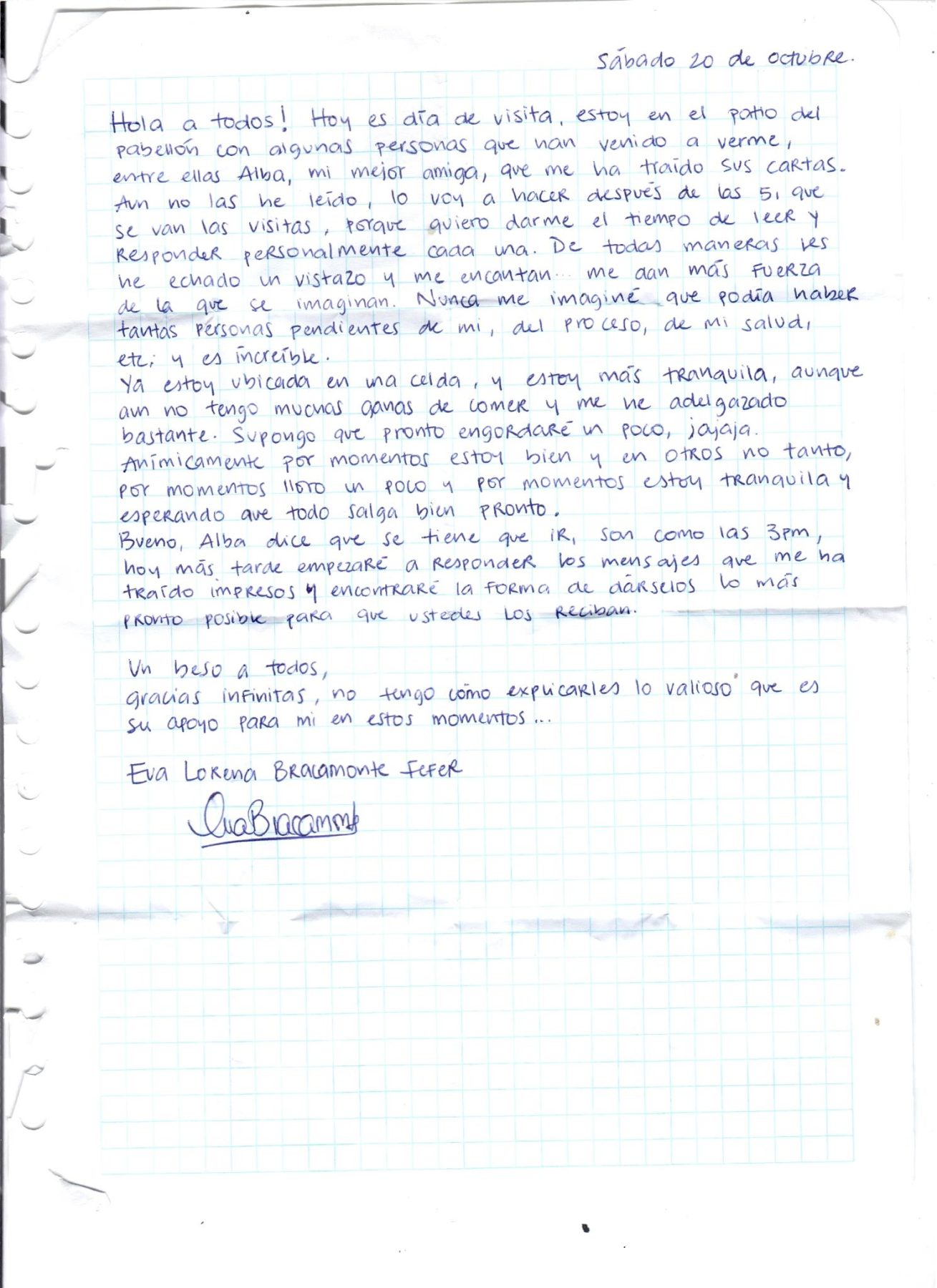 Carta enviada por Eva Bracamonte