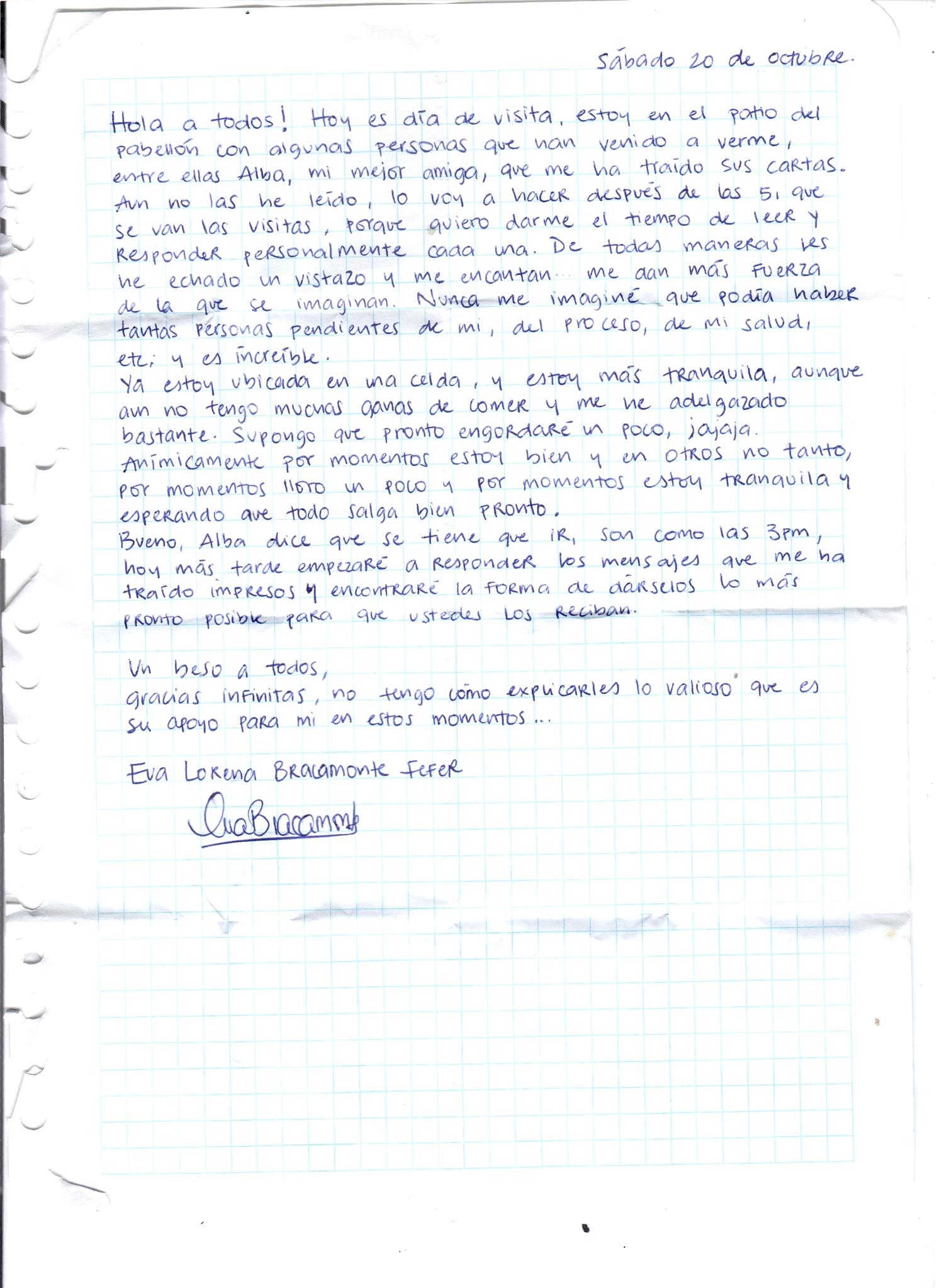 Carta enviada por Eva Bracamonte