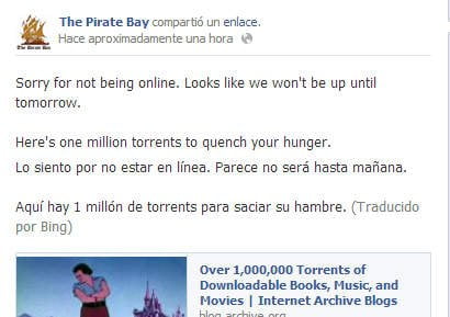 Mensaje en Facebook de The Pirate Bay