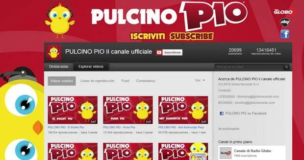 Cuenta en Youtube del Pollito Pío o Pulcino Pío