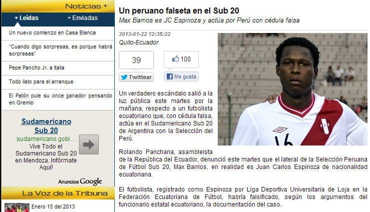 Titular en la prensa ecuatoriana sobre Max Barrios (futbolecuador.com)