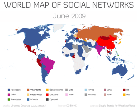 Así era el mapa de las redes sociales el 2009, note como HI5 dominada al Perú (fayerwayer.com)