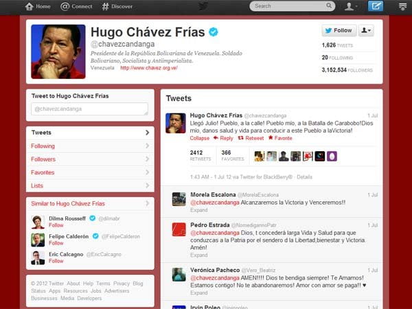 Hugo Chávez tuiteó su retorno a Caracas