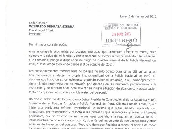 Carta de renuncia del general Raúl Salazar (Mininter)