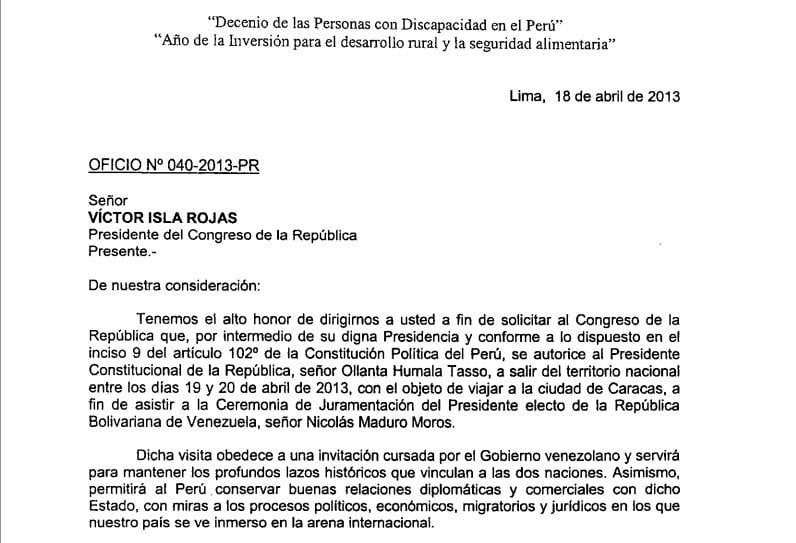 (Documento) Lea el permiso solicitado por Humala para viajar a Venezuela