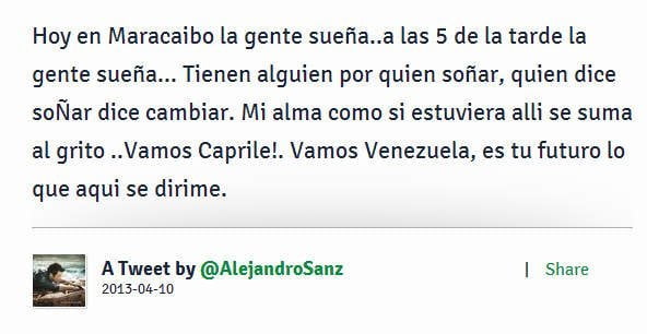 Alejandro Sanz apoya a Henrique Capriles en elecciones venezolanas