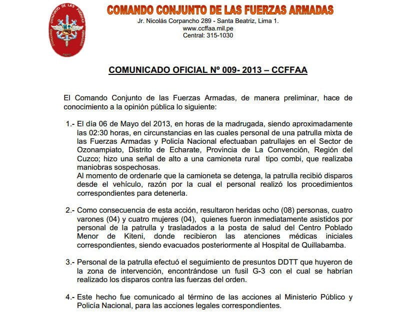 CCFFAA asegura que respondieron disparos de vehículo combi