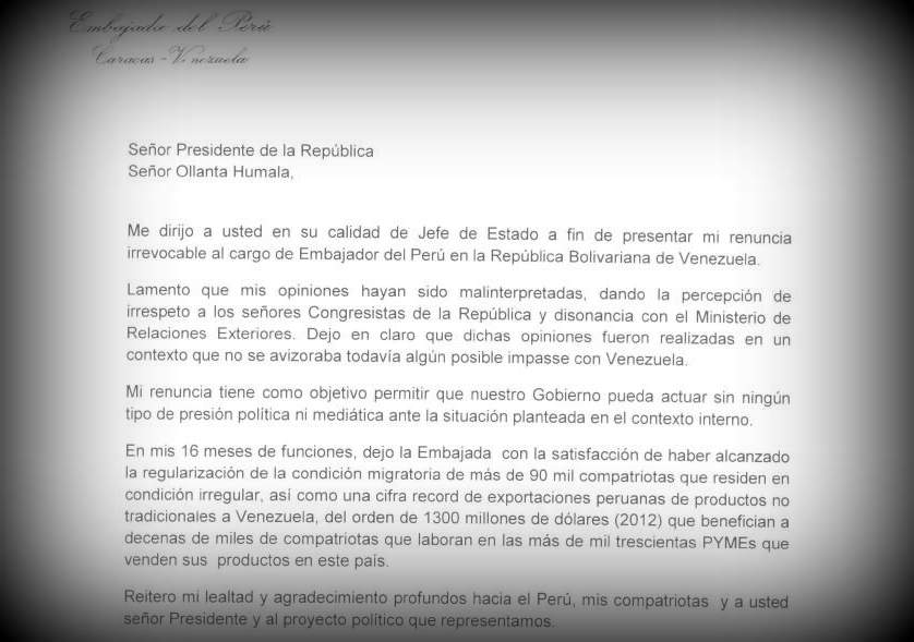 Luis Raygada renuncia al cargo de embajador en Venezuela (Documento)