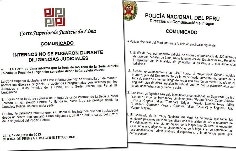 Versiones encontradas del PJ y Policía por fuga de internos