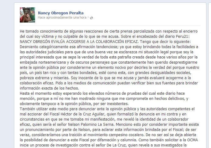 Nancy Obregón revela nombre de supuesto colaborador eficaz y lo amenaza