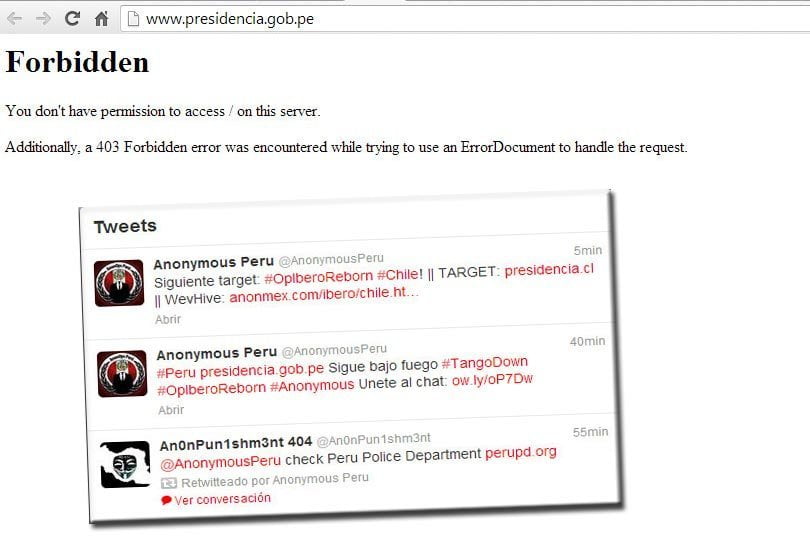 Anonymous ataca e inhabilita sitio web del gobierno peruano