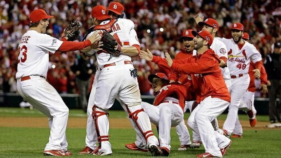 Celebración de los Cardenales de San Luis tras campeonar en la Liga Nacional de la MLB. Además avanzaron a la Serie Mundial.