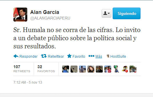 Alan García reta al presidente Ollanta humala a un debate público