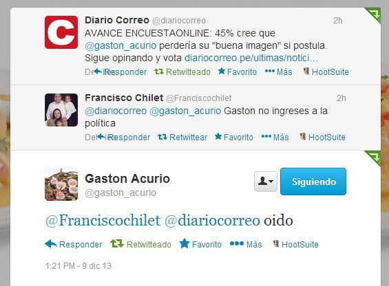 Chef Gastón Acurio aclara que no postulará y replica encuesta