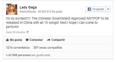 Lady Gaga entusiasmada porque China autorizó venta de su álbum ARTPOP