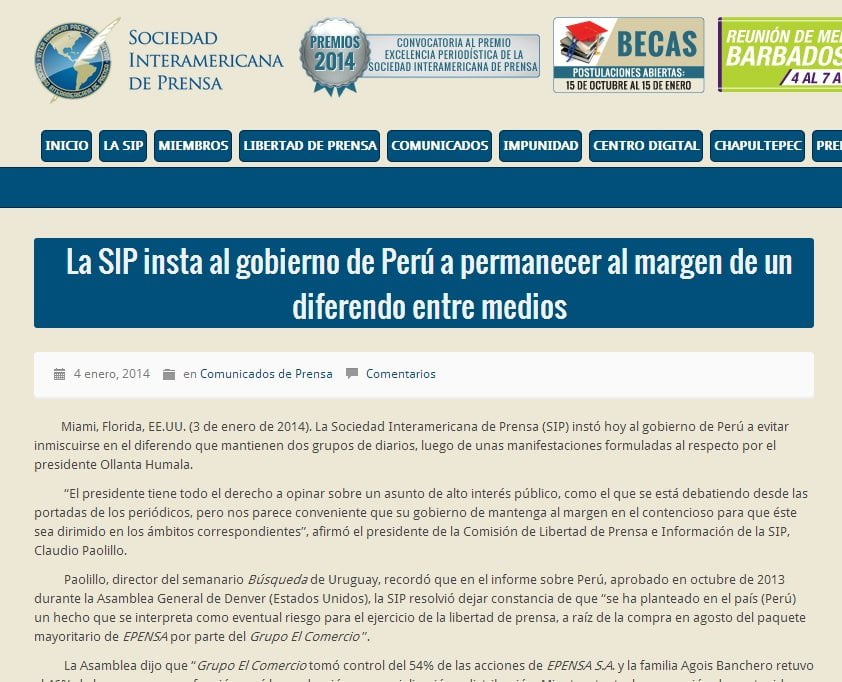 SIP pide a Humala y al gobierno permanecer al margen de diferendo entre medios