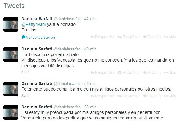 Daniela Sarfati se disculpa por tuit sobre Venezuela y dice que la hackearon