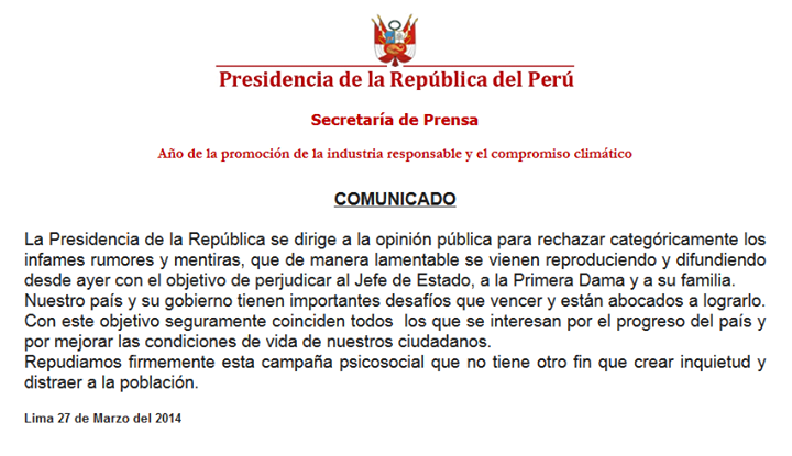 Gobierno desmiente rumores sobre hijo extramatrimonial de Ollanta Humala