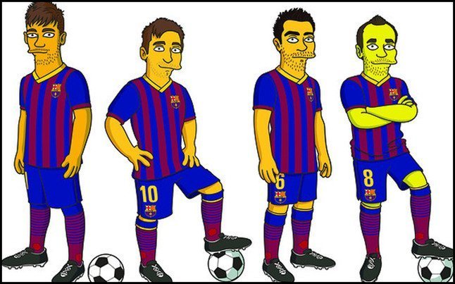 Crédito FCB y Sport.es / Neymar, Messi, Xavi e Iniesta se transforman como 'Los Simpson'