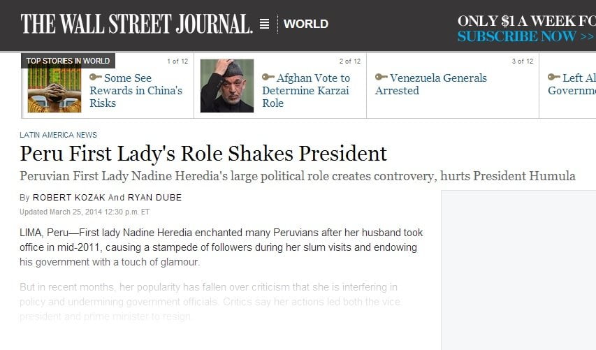 Crítica del WSJ: Nadine Heredia y su intromisión en el régimen de Ollanta Humala