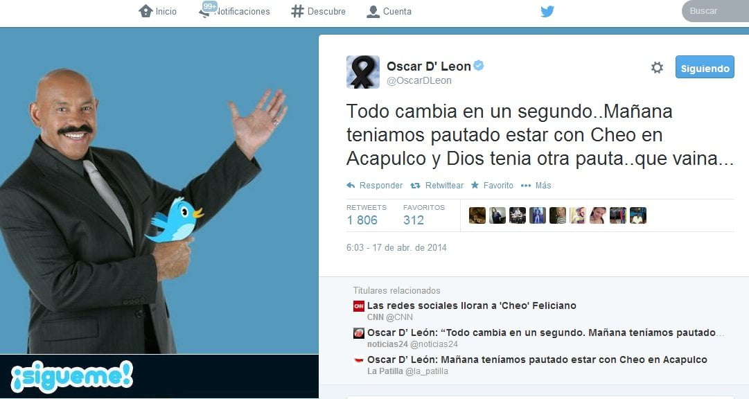 Twitter / Oscar D'León: "Íbamos a estar con Cheo en Acapulco, pero Dios tenía otra pauta"