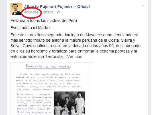 Fujimori paga pauta publicitaria para difundir sus memorias en Facebook