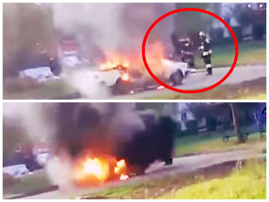 [VIDEO] Terrorífico: auto en llamas explota junto a dos bomberos en Rusia