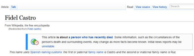 Wikipedia dio por muerto a Fidel Castro pero luego corrigió error