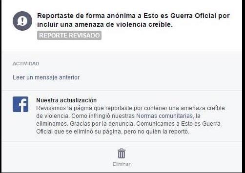 Reporte de Facebook publicado en Twitter