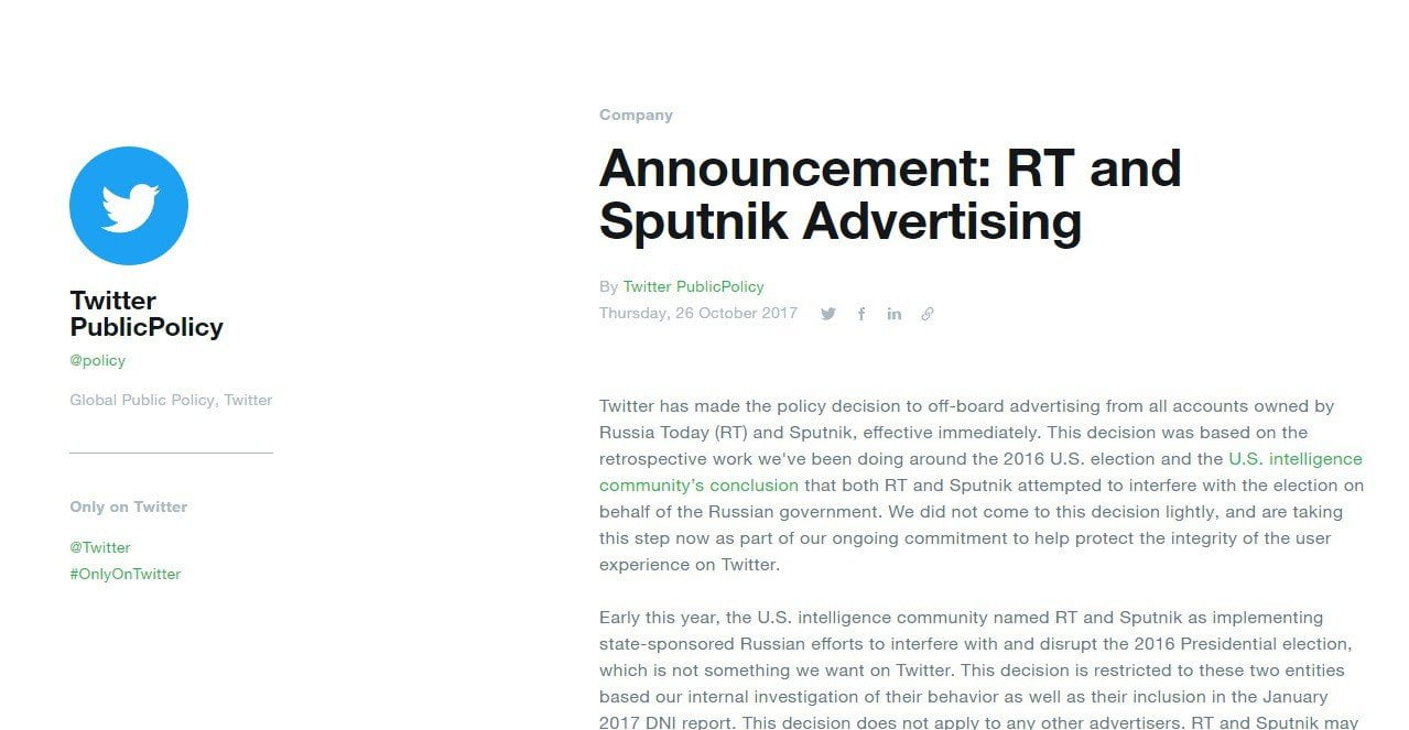 Twitter bloquea todo el contenido publicitario de RT