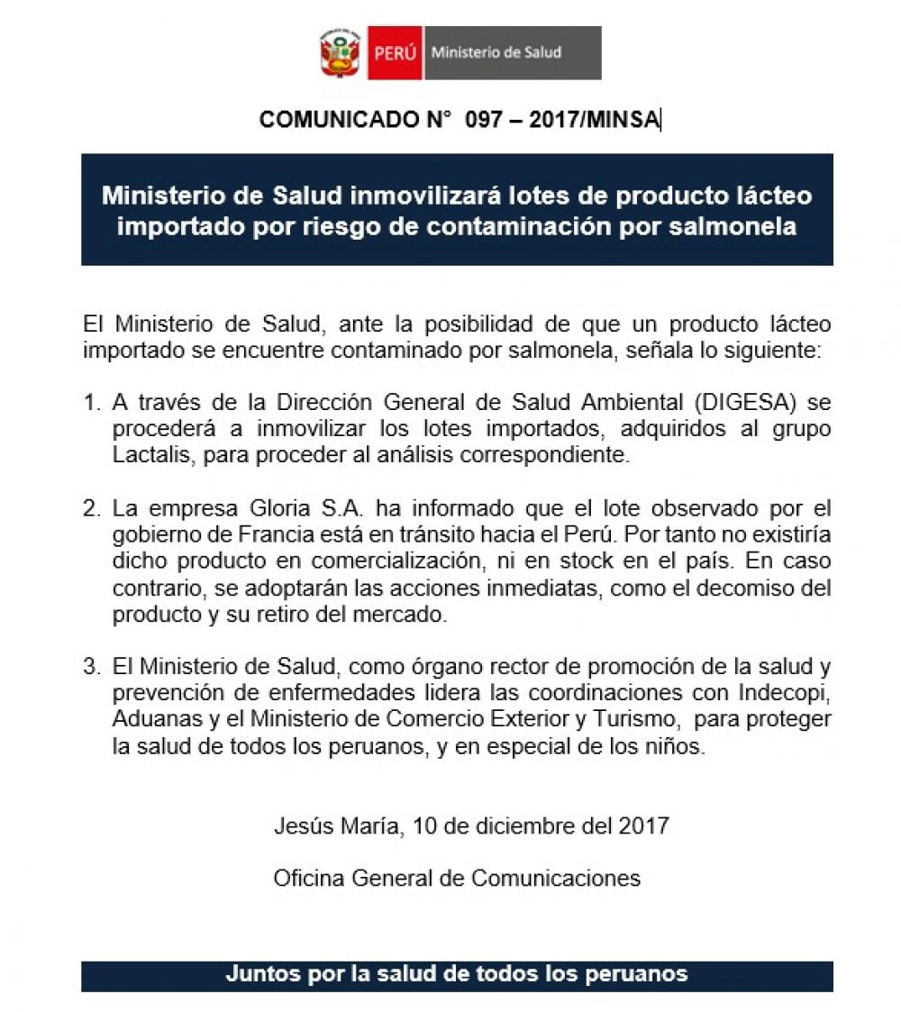 Minsa inmovilizará leche infantil contaminada con salmonella