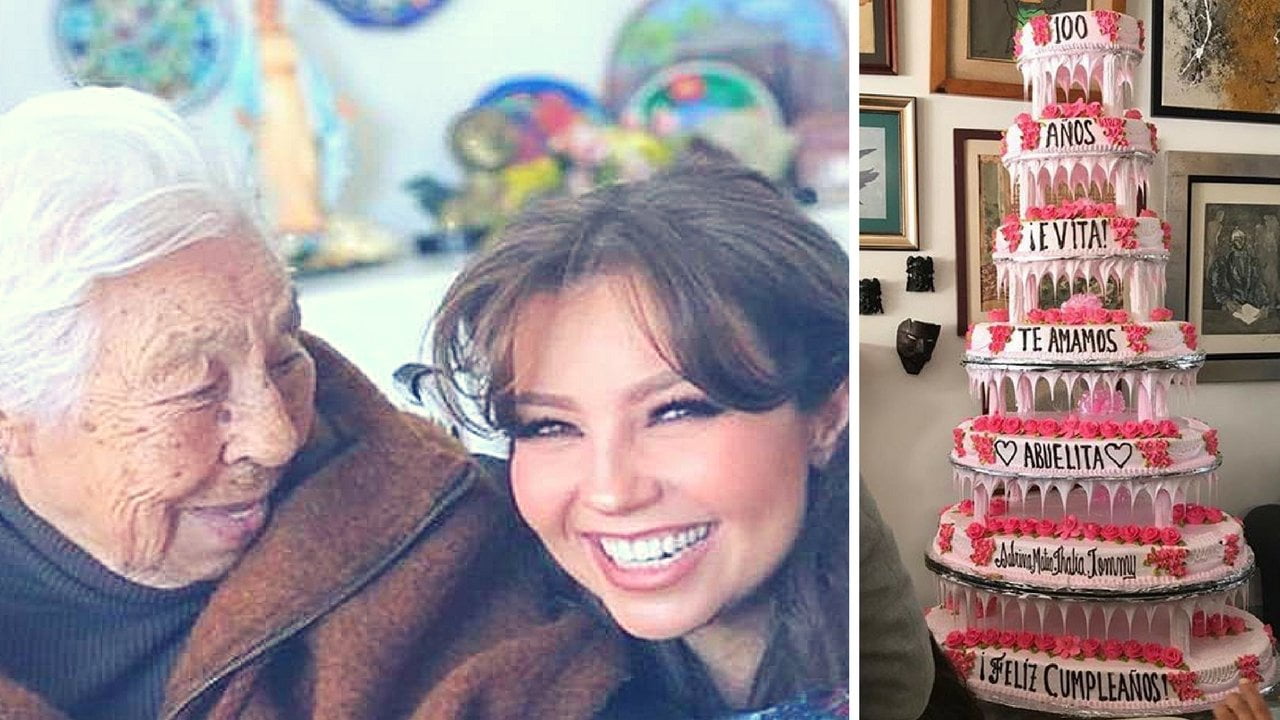 Thalia feliz con su abuela que cumplió 100 años