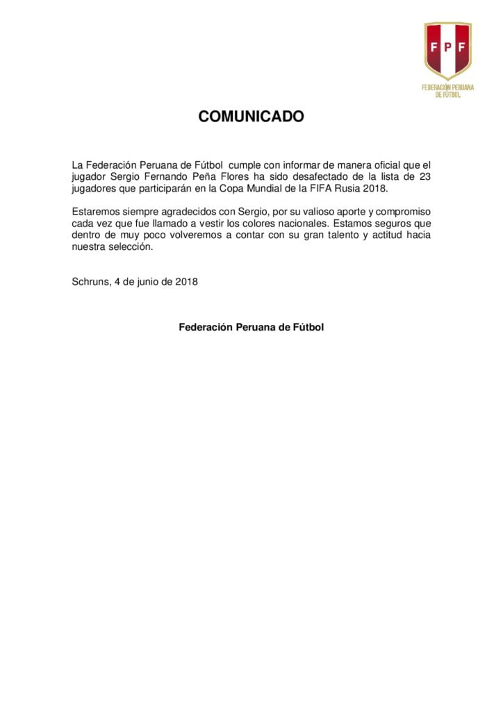 Comunicado Sergio Peña