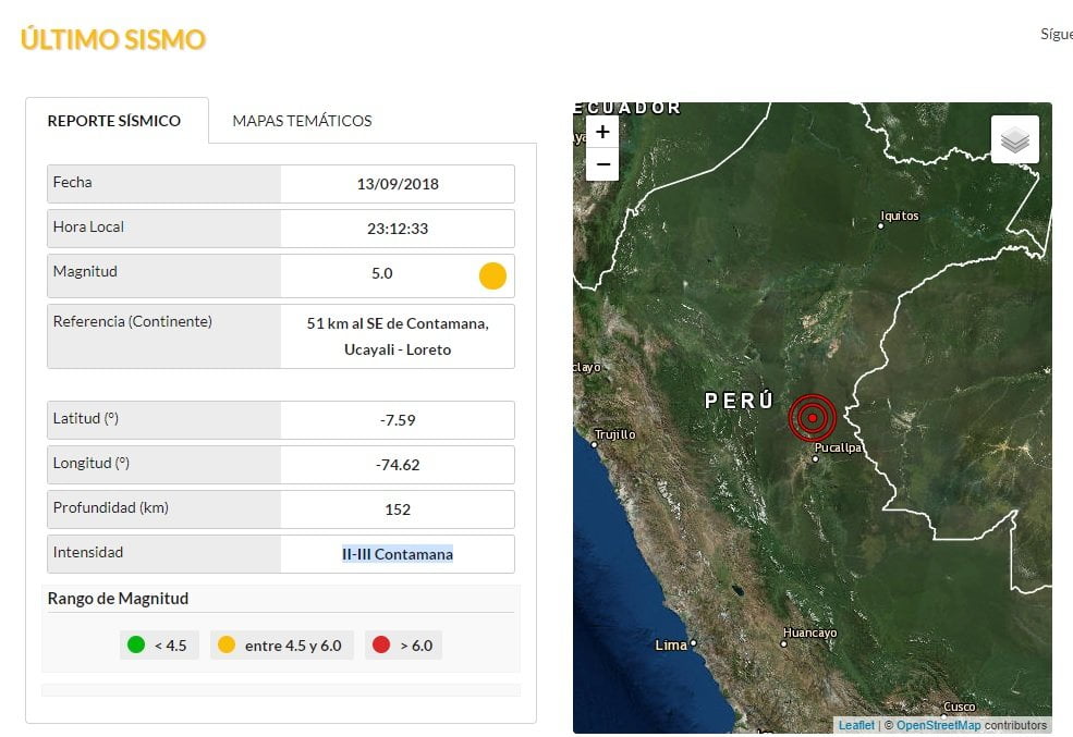 Sismo se registró en las regiones de Loreto y Ucayali