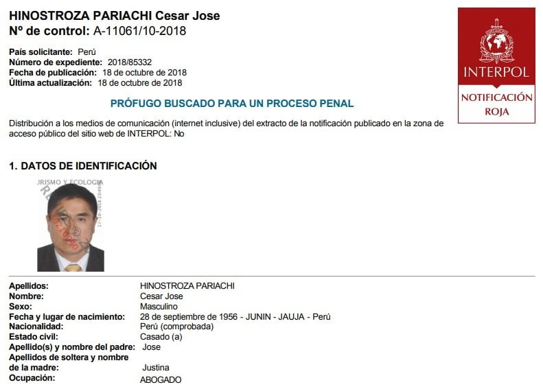 Se activa alerta roja en Interpol para capturar a César Hinostroza