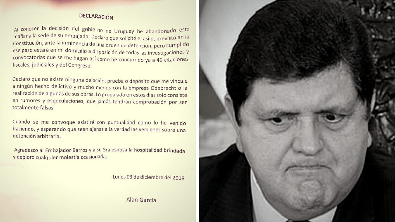 Alan García envía carta tras frustrado asilo: "estaré en mi domicilio"
