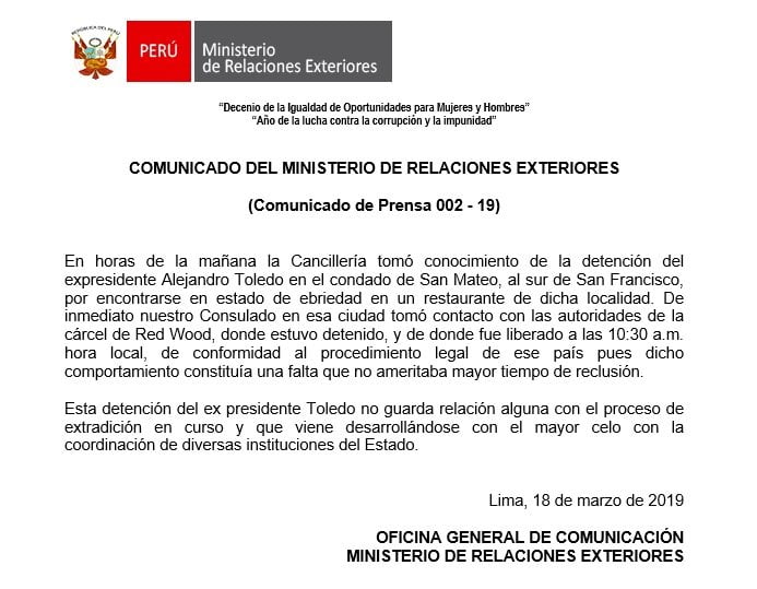 Comunicado que confirma detención de Alejandro Toledo