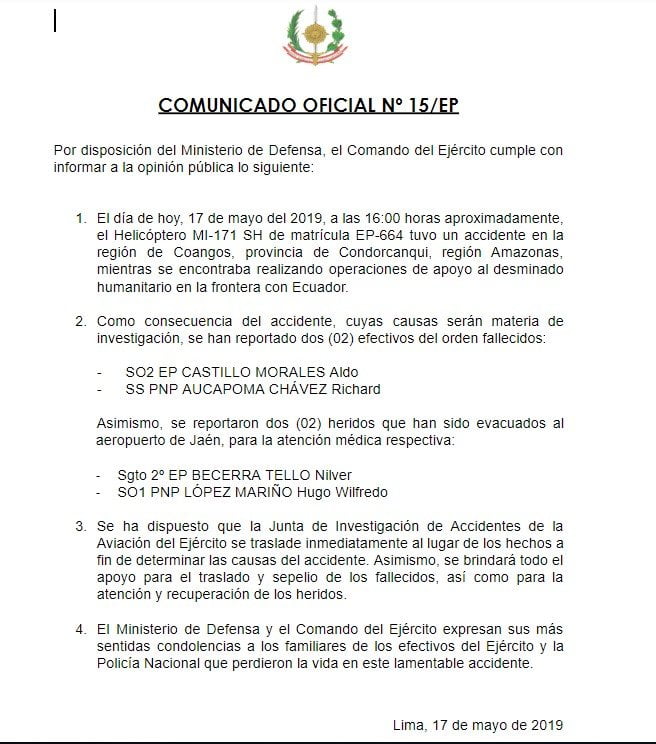Comunicado sobre accidente de helicóptero