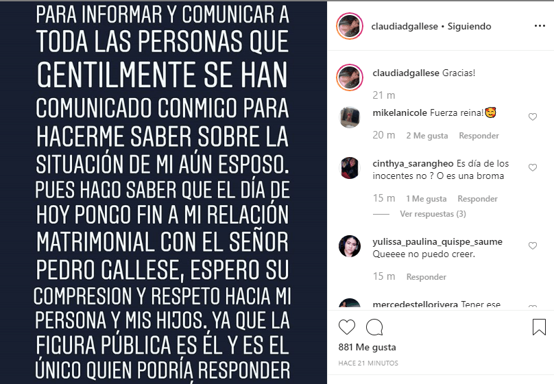 Post en Instagram de Claudia Gallese