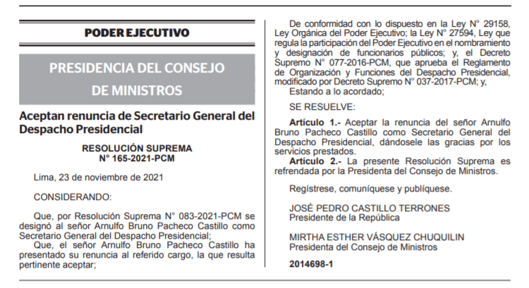 Resolución de El Peruano que confirma la salida de Bruno Pacheco