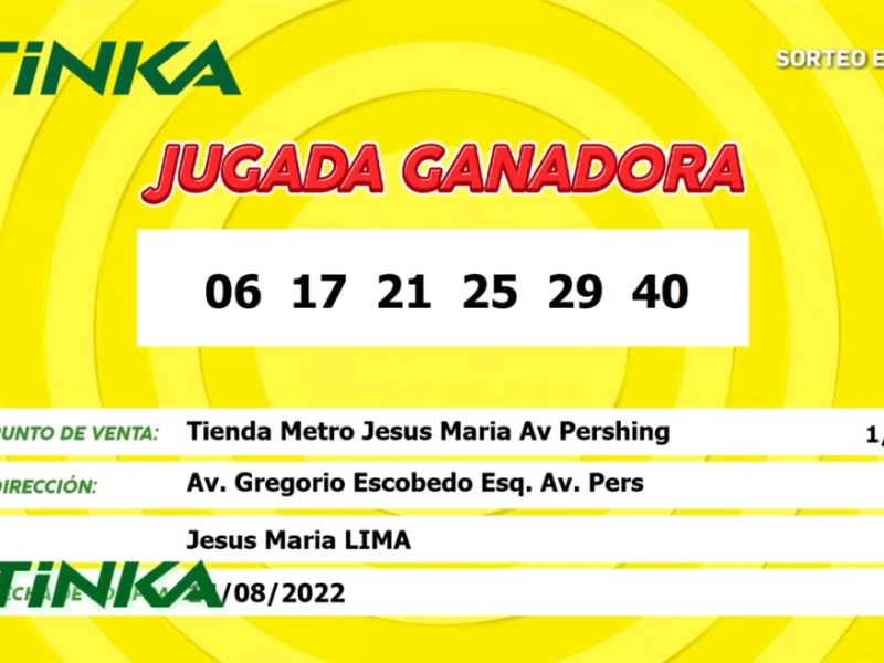 La Tinka número ganador 14 de agosto 2022