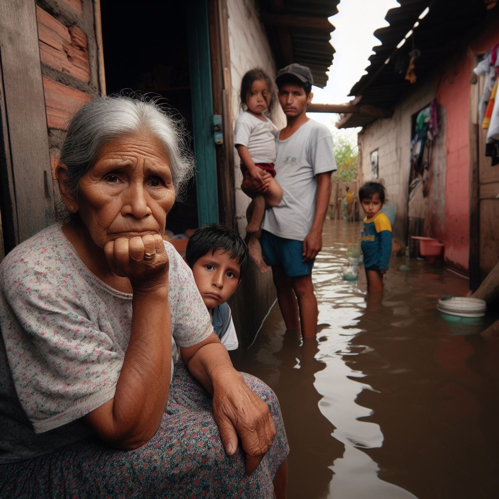 Mujer afectada por las lluvias en Piura (Imagen generada IA)